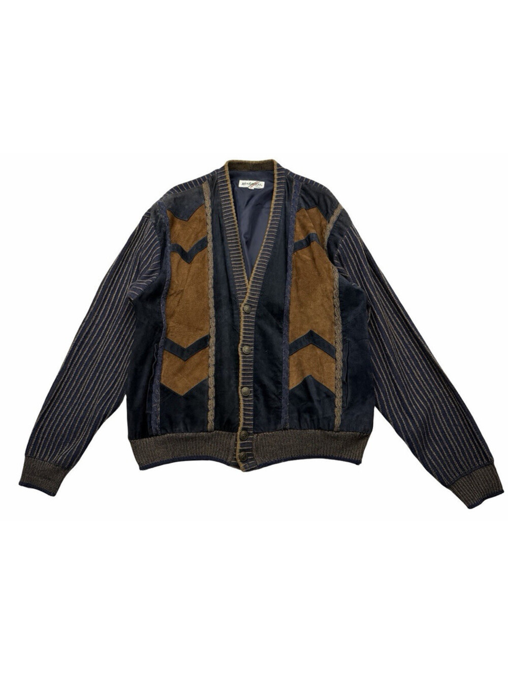 Vintage Modango Homme Knit Suede Panel Cardigan Sweater Striped Navy Size L
